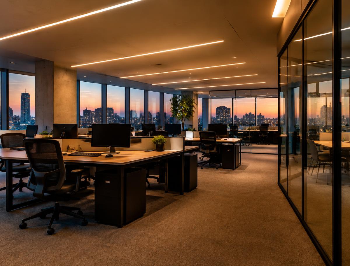Concept image of a modern office with linear lighting at dusk