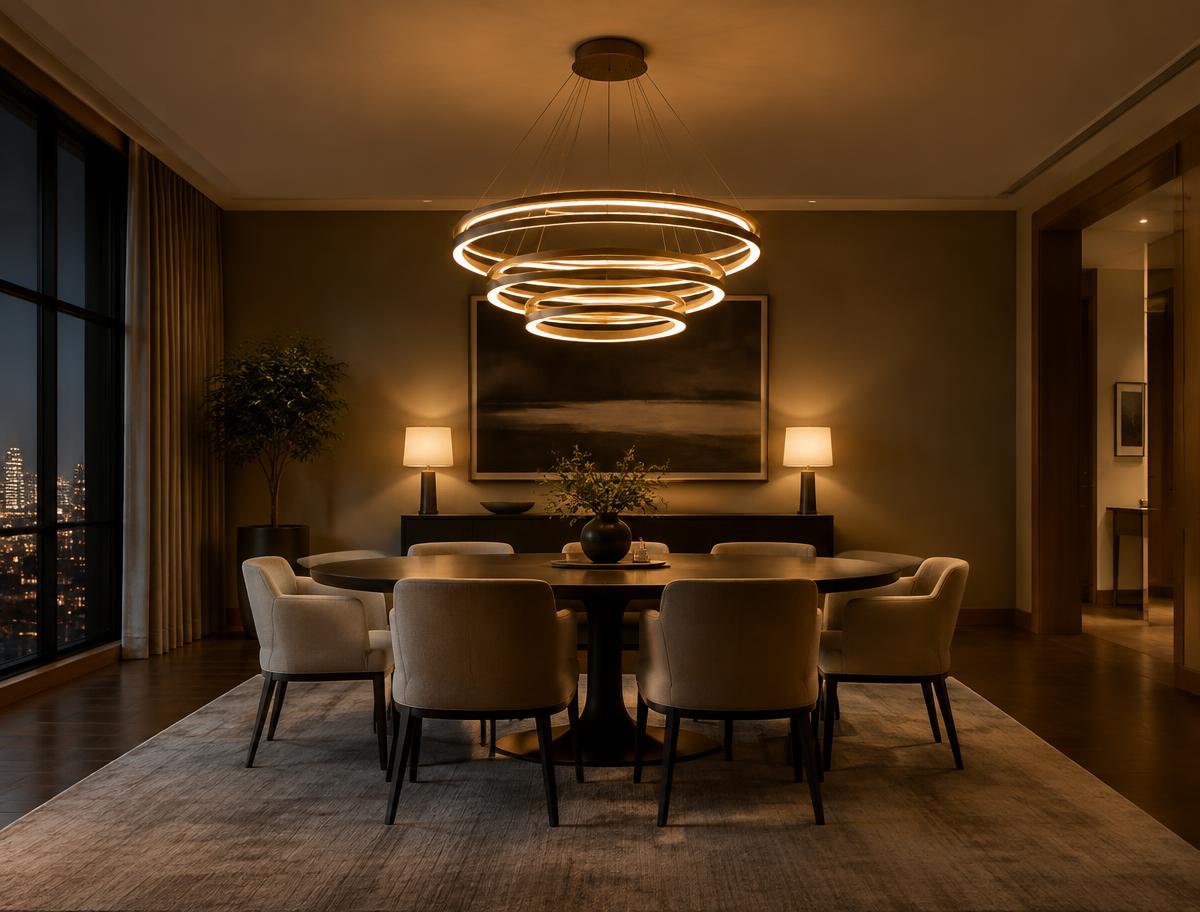 Concept image of a modern ring chandelier over a dining table