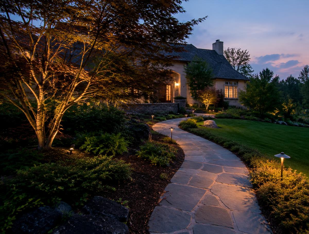 Concept image of a garden path lit by warm landscape lighting