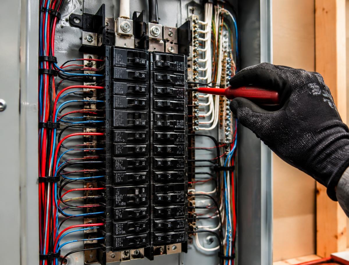 Concept image of a gloved hand checking wiring in a breaker panel