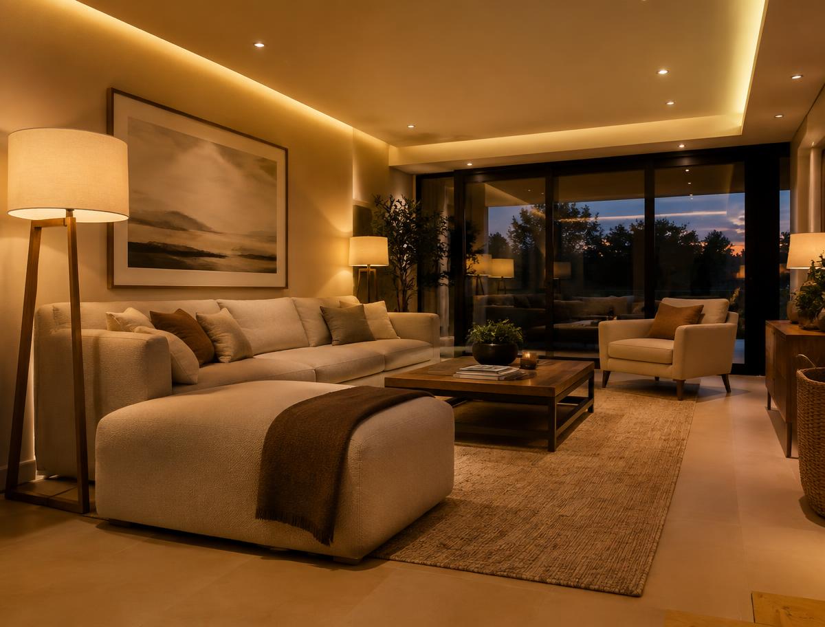 Concept image of a warmly lit modern living room at evening