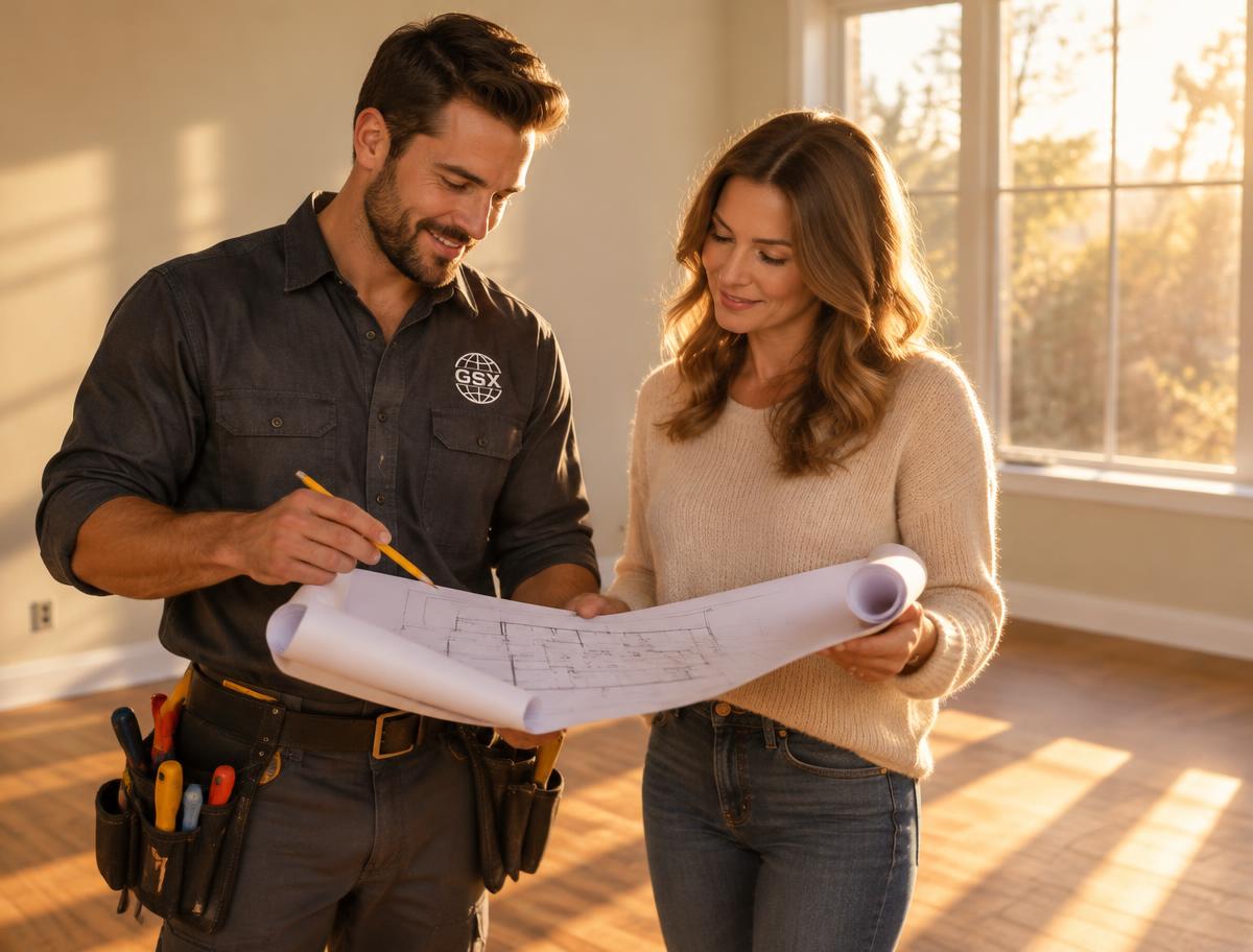Concept image of an electrician and a homeowner reviewing a floor plan together in an empty room